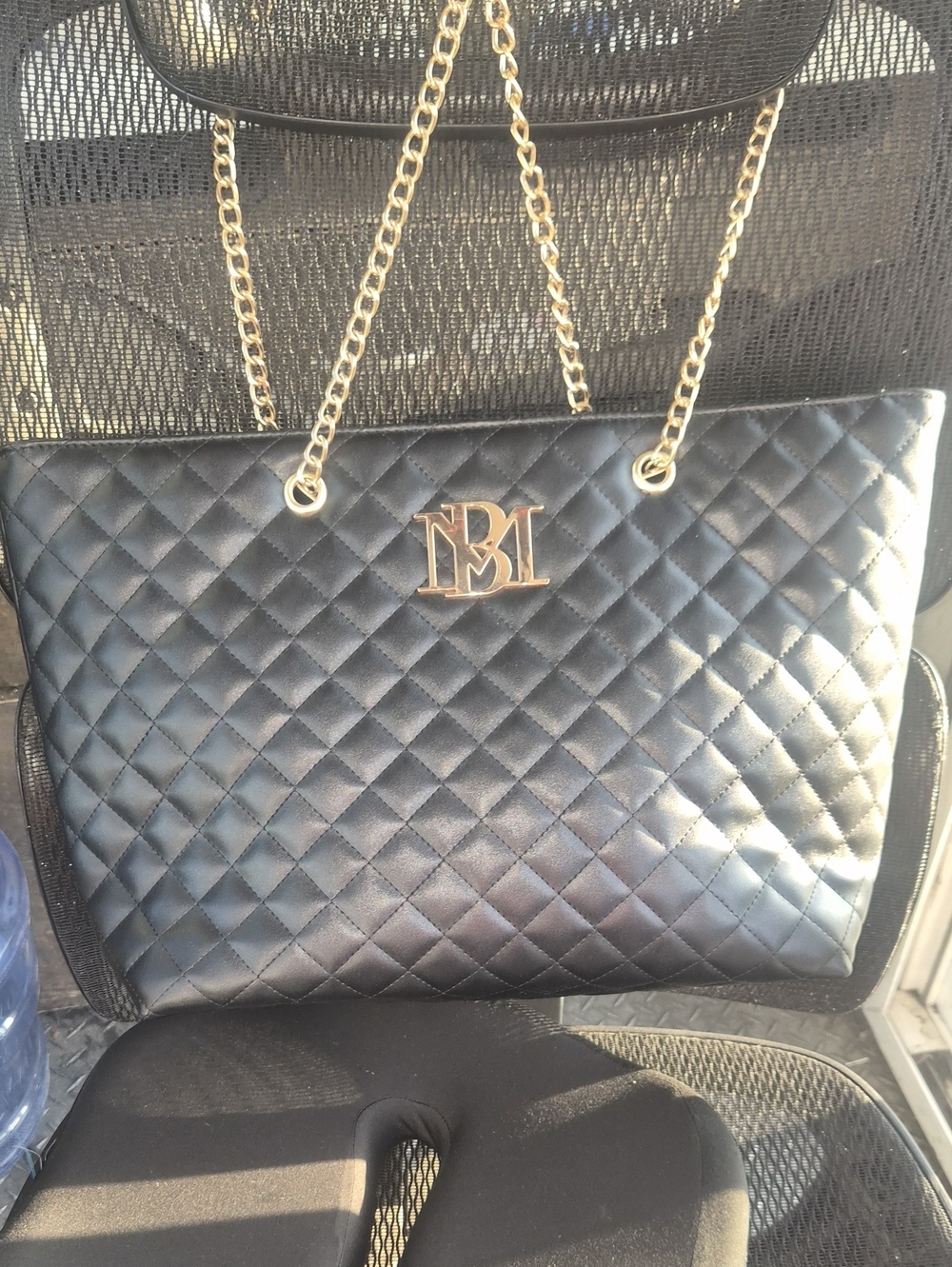 Badgley Mischka Quilted Black Tote with Gold Chain Handles